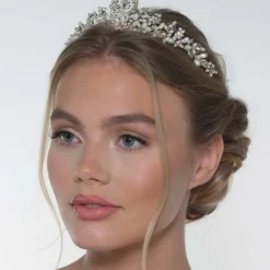 Poirier Pearl Hair Accessories | Gold Hair Accessories*Acacia Gold Crystal Leaves and Freshwater Pearl Tiara Ivory/ Gold