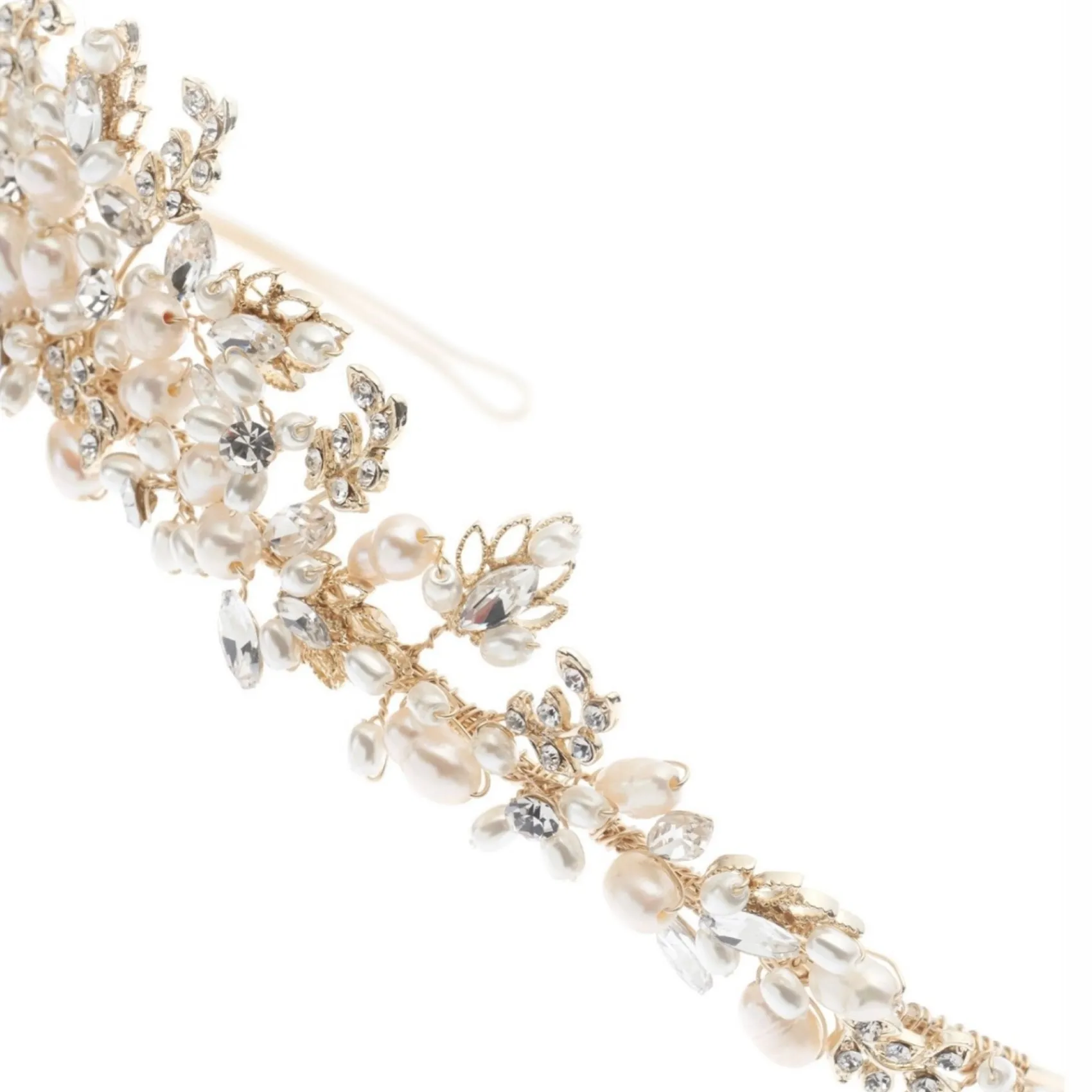 Poirier Pearl Hair Accessories | Gold Hair Accessories*Acacia Gold Crystal Leaves and Freshwater Pearl Tiara Ivory/ Gold