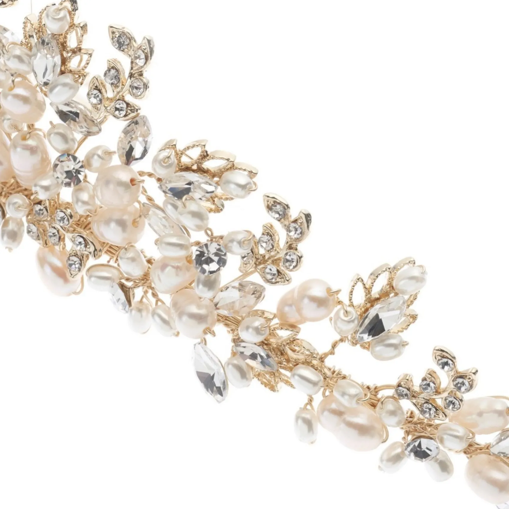 Poirier Pearl Hair Accessories | Gold Hair Accessories*Acacia Gold Crystal Leaves and Freshwater Pearl Tiara Ivory/ Gold