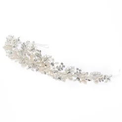 Poirier Pearl Hair Accessories | Silver Hair Accessories*Acacia Silver Crystal Leaves and Freshwater Pearl Tiara Ivory/ Silver