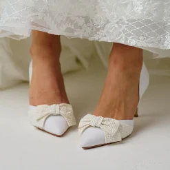 Perfect Bridal Wedding Shoes | Mid Heel*Adele Satin Two Part Pointed Court Shoes with Pearl Bow Ivory