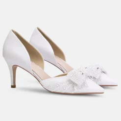 Perfect Bridal Wedding Shoes | Mid Heel*Adele Satin Two Part Pointed Court Shoes with Pearl Bow Ivory