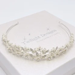 Twilight Designs Pearl Hair Accessories | Silver Hair Accessories*Alicia Dainty Floral Pearl and Crystal Bridal Tiara Ivory/ Silver
