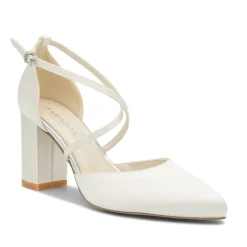 Paradox London Wedding Shoes | Mid Heel*Alysha Dyeable Satin Cross Strap Block Heel Court Shoes Ivory