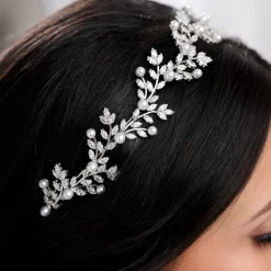 Lace & Favour Pearl Hair Accessories | Silver Hair Accessories*Amalfi Crystal Leaves and Pearl Wedding Headband Ivory/ Silver