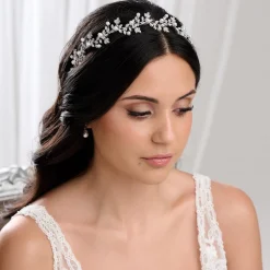 Lace & Favour Pearl Hair Accessories | Silver Hair Accessories*Amalfi Crystal Leaves and Pearl Wedding Headband Ivory/ Silver