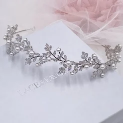 Lace & Favour Pearl Hair Accessories | Silver Hair Accessories*Amalfi Crystal Leaves and Pearl Wedding Headband Ivory/ Silver
