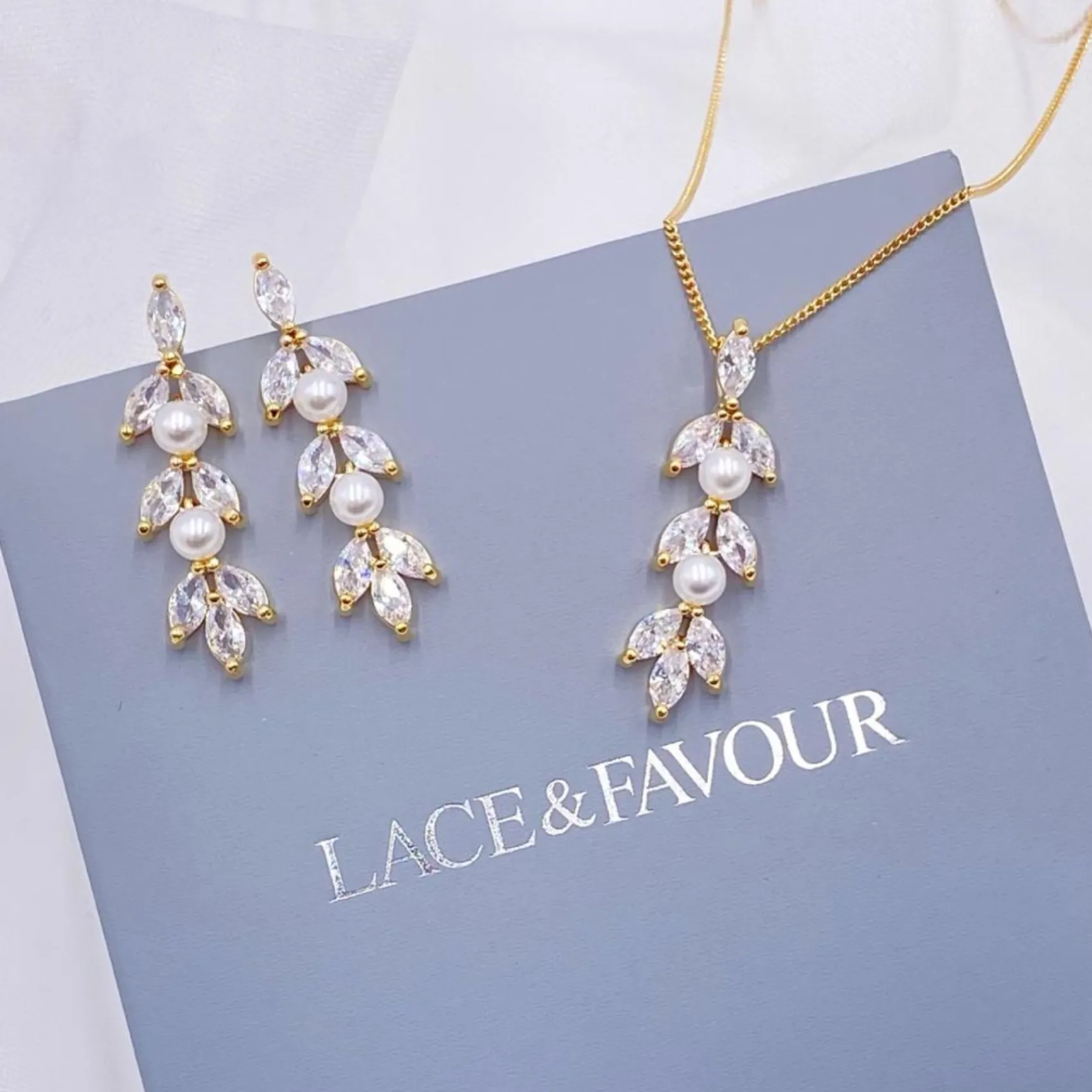 Lace & Favour Bride Gifts | Pearl Jewellery*Amalia Gold Cubic Zirconia and Pearl Bridal Jewellery Set
