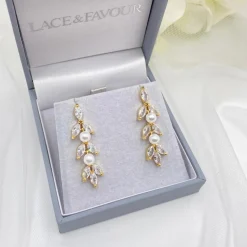 Lace & Favour Bride Gifts | Pearl Jewellery*Amalia Gold Cubic Zirconia and Pearl Drop Earrings Ivory/ Gold