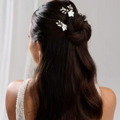Lace & Favour Pearl Hair Accessories | Gold Hair Accessories*Amelie Ivory Ceramic Flower Gold Comb and Hair Pin Set Ivory/ Gold