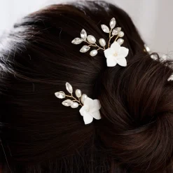 Lace & Favour Pearl Hair Accessories | Gold Hair Accessories*Amelie Ivory Ceramic Flower Gold Comb and Hair Pin Set Ivory/ Gold