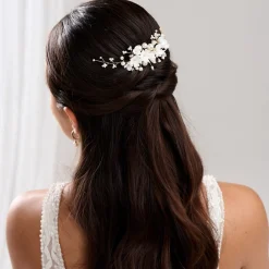 Lace & Favour Pearl Hair Accessories | Gold Hair Accessories*Anemone Ivory Porcelain Flowers and Pearl Wedding Hair Comb (Gold) Ivory/ Gold