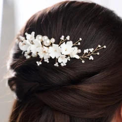 Lace & Favour Pearl Hair Accessories | Gold Hair Accessories*Anemone Ivory Porcelain Flowers and Pearl Wedding Hair Comb (Gold) Ivory/ Gold