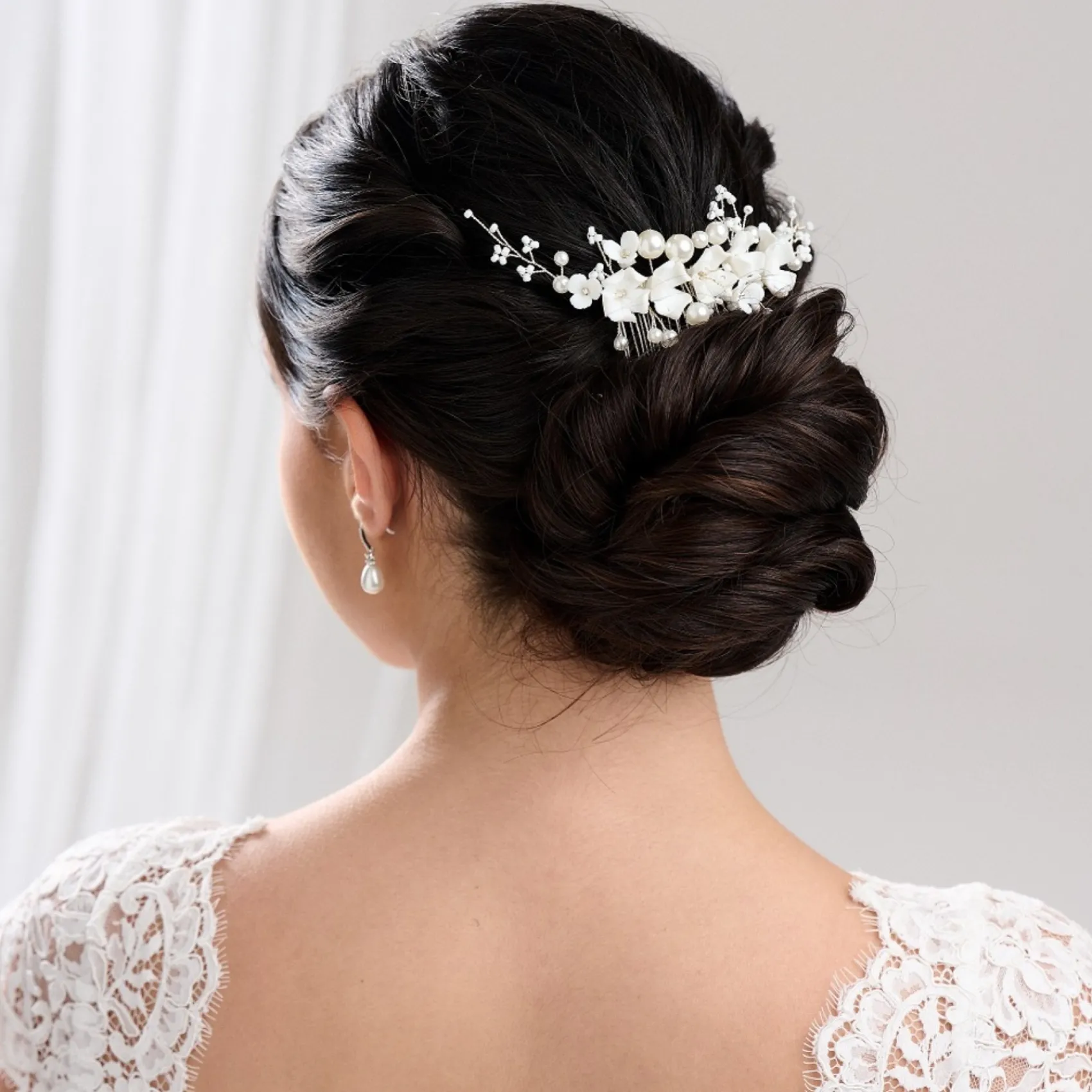Lace & Favour Pearl Hair Accessories | Silver Hair Accessories*Anemone Ivory Porcelain Flowers and Pearl Wedding Hair Comb Ivory/ Silver