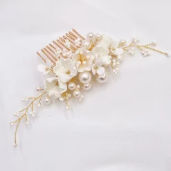 Lace & Favour Pearl Hair Accessories | Gold Hair Accessories*Anemone Ivory Porcelain Flowers and Pearl Wedding Hair Comb (Gold) Ivory/ Gold