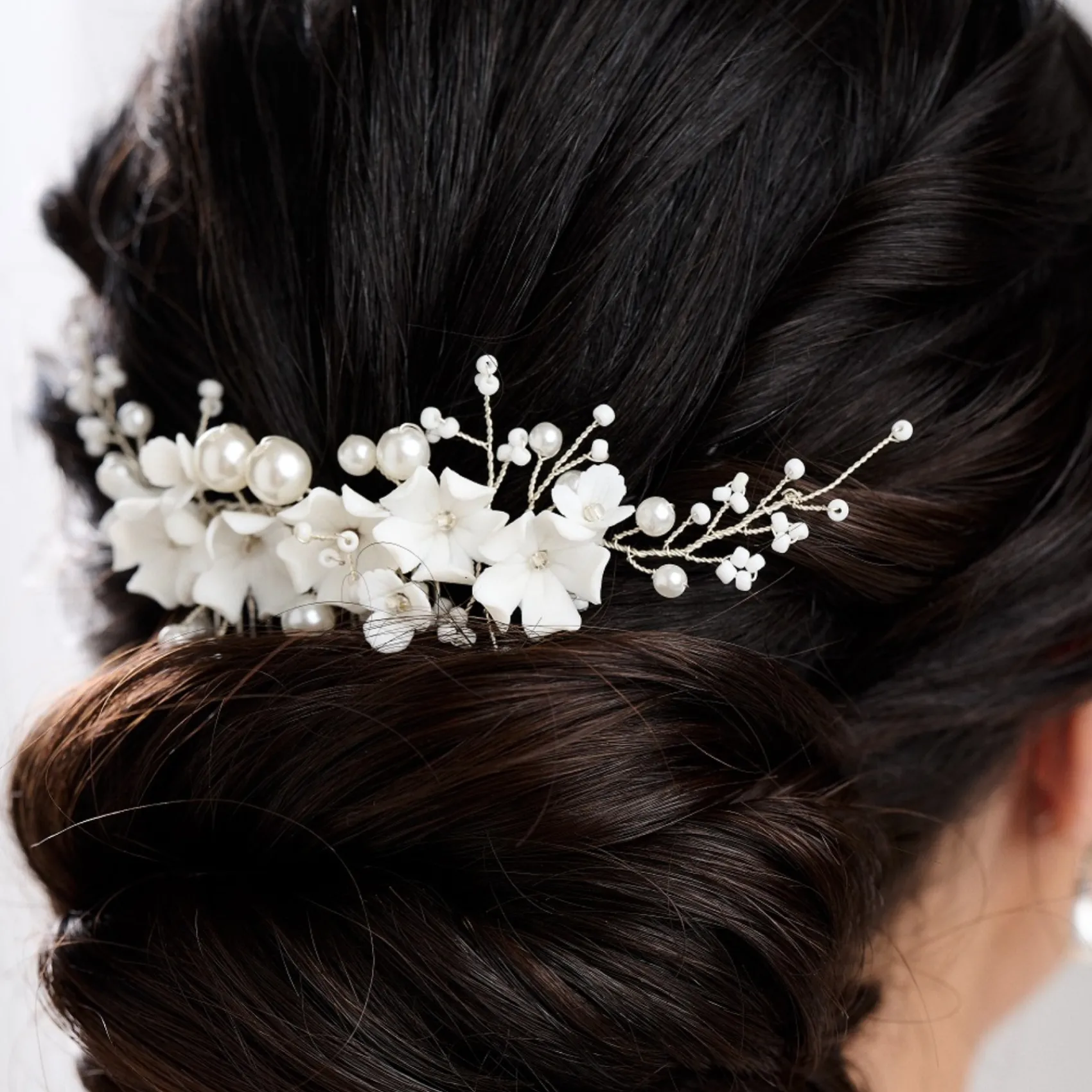 Lace & Favour Pearl Hair Accessories | Silver Hair Accessories*Anemone Ivory Porcelain Flowers and Pearl Wedding Hair Comb Ivory/ Silver