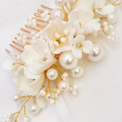 Lace & Favour Pearl Hair Accessories | Gold Hair Accessories*Anemone Ivory Porcelain Flowers and Pearl Wedding Hair Comb (Gold) Ivory/ Gold
