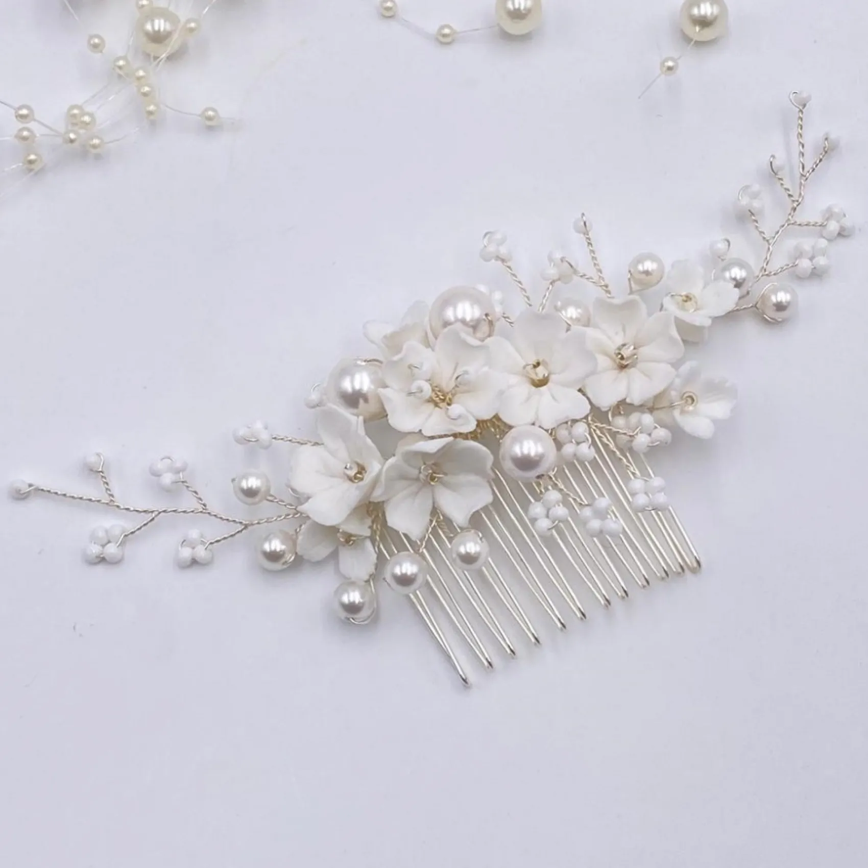 Lace & Favour Pearl Hair Accessories | Silver Hair Accessories*Anemone Ivory Porcelain Flowers and Pearl Wedding Hair Comb Ivory/ Silver