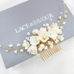 Lace & Favour Pearl Hair Accessories | Gold Hair Accessories*Anemone Ivory Porcelain Flowers and Pearl Wedding Hair Comb (Gold) Ivory/ Gold