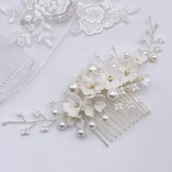 Lace & Favour Pearl Hair Accessories | Silver Hair Accessories*Anemone Ivory Porcelain Flowers and Pearl Wedding Hair Comb Ivory/ Silver