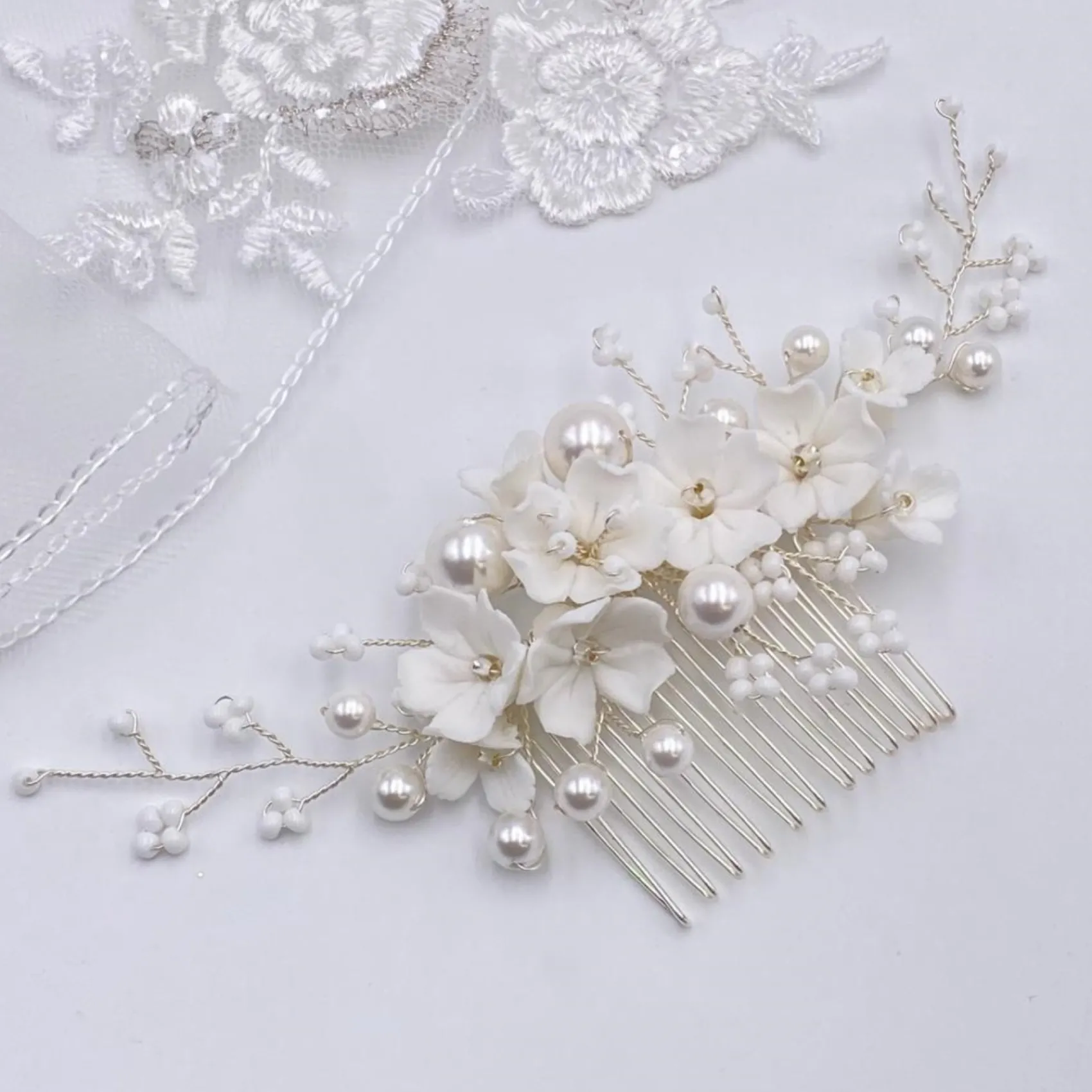 Lace & Favour Pearl Hair Accessories | Silver Hair Accessories*Anemone Ivory Porcelain Flowers and Pearl Wedding Hair Comb Ivory/ Silver
