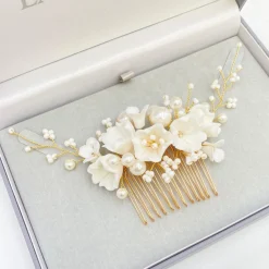 Lace & Favour Pearl Hair Accessories | Gold Hair Accessories*Anemone Ivory Porcelain Flowers and Pearl Wedding Hair Comb (Gold) Ivory/ Gold