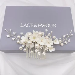 Lace & Favour Pearl Hair Accessories | Silver Hair Accessories*Anemone Ivory Porcelain Flowers and Pearl Wedding Hair Comb Ivory/ Silver