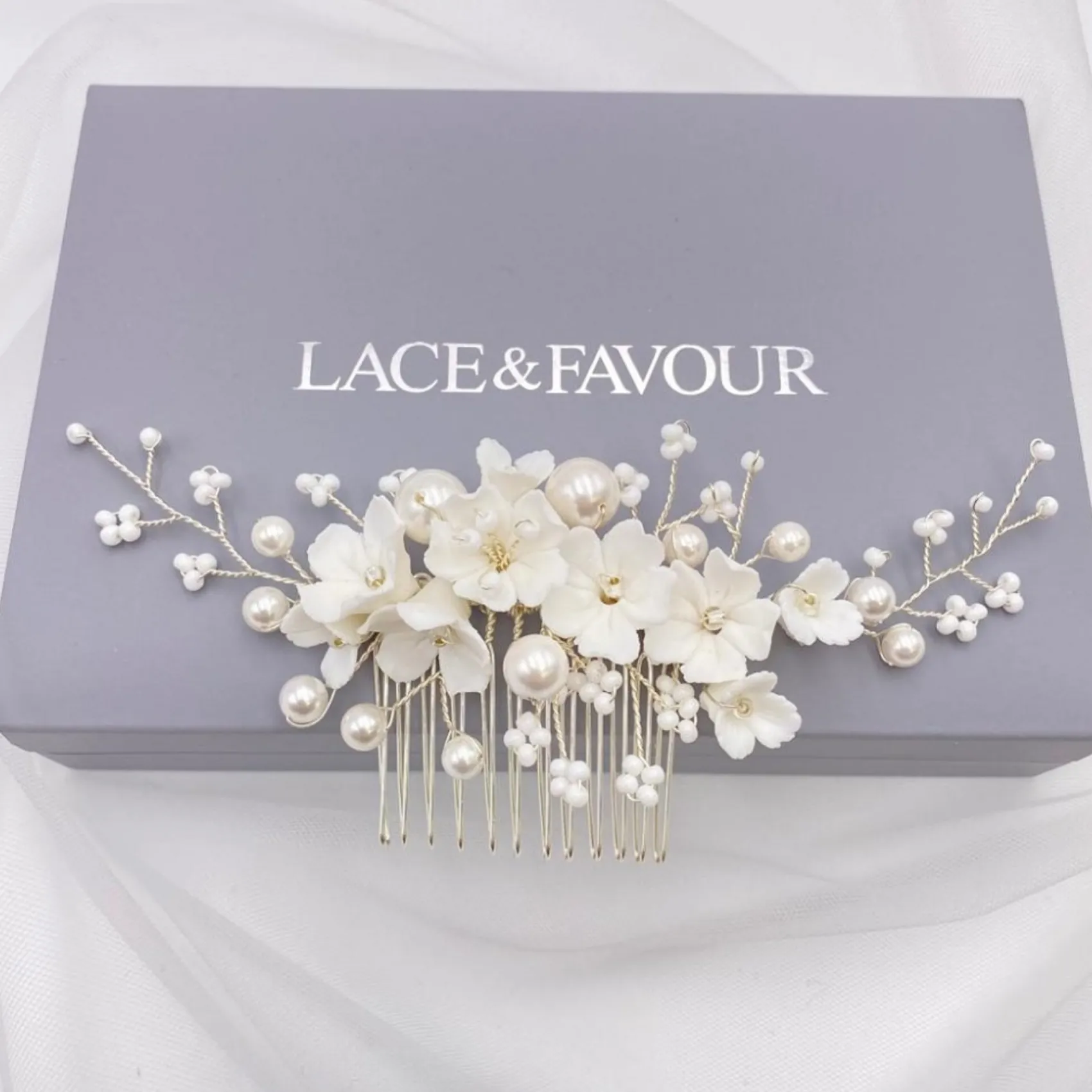 Lace & Favour Pearl Hair Accessories | Silver Hair Accessories*Anemone Ivory Porcelain Flowers and Pearl Wedding Hair Comb Ivory/ Silver