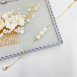 Lace & Favour Pearl Hair Accessories | Gold Hair Accessories*Anemone Ivory Porcelain Flowers and Pearl Wedding Hair Comb (Gold) Ivory/ Gold