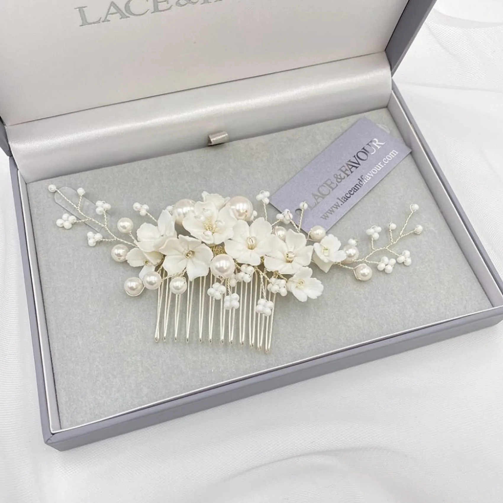 Lace & Favour Pearl Hair Accessories | Silver Hair Accessories*Anemone Ivory Porcelain Flowers and Pearl Wedding Hair Comb Ivory/ Silver