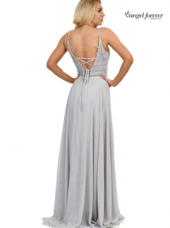 Angel Forever Angel Forever Prom Dresses*Beaded Lace A Line Chiffon Prom Dress with Slit Silver