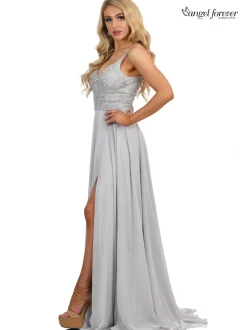 Angel Forever Angel Forever Prom Dresses*Beaded Lace A Line Chiffon Prom Dress with Slit Silver