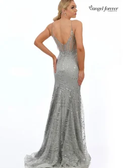 Angel Forever Angel Forever Prom Dresses*Glitter Lace Fitted Corset Prom Dress Silver