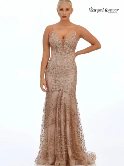 Angel Forever Angel Forever Prom Dresses | Pink Prom Dresses*Glitter Lace Fitted Corset Prom Dress Rose Gold