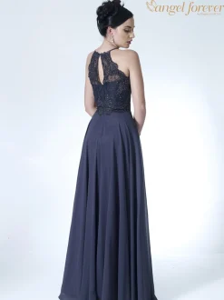 Angel Forever Angel Forever Prom Dresses*High Neck Lace Bodice A Line Chiffon Prom Dress Charcoal