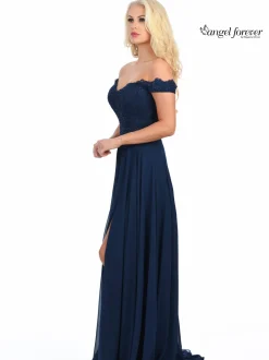 Angel Forever Angel Forever Prom Dresses | Navy Prom Dresses*Off The Shoulder Chiffon Prom Dress with Lace Bodice Navy