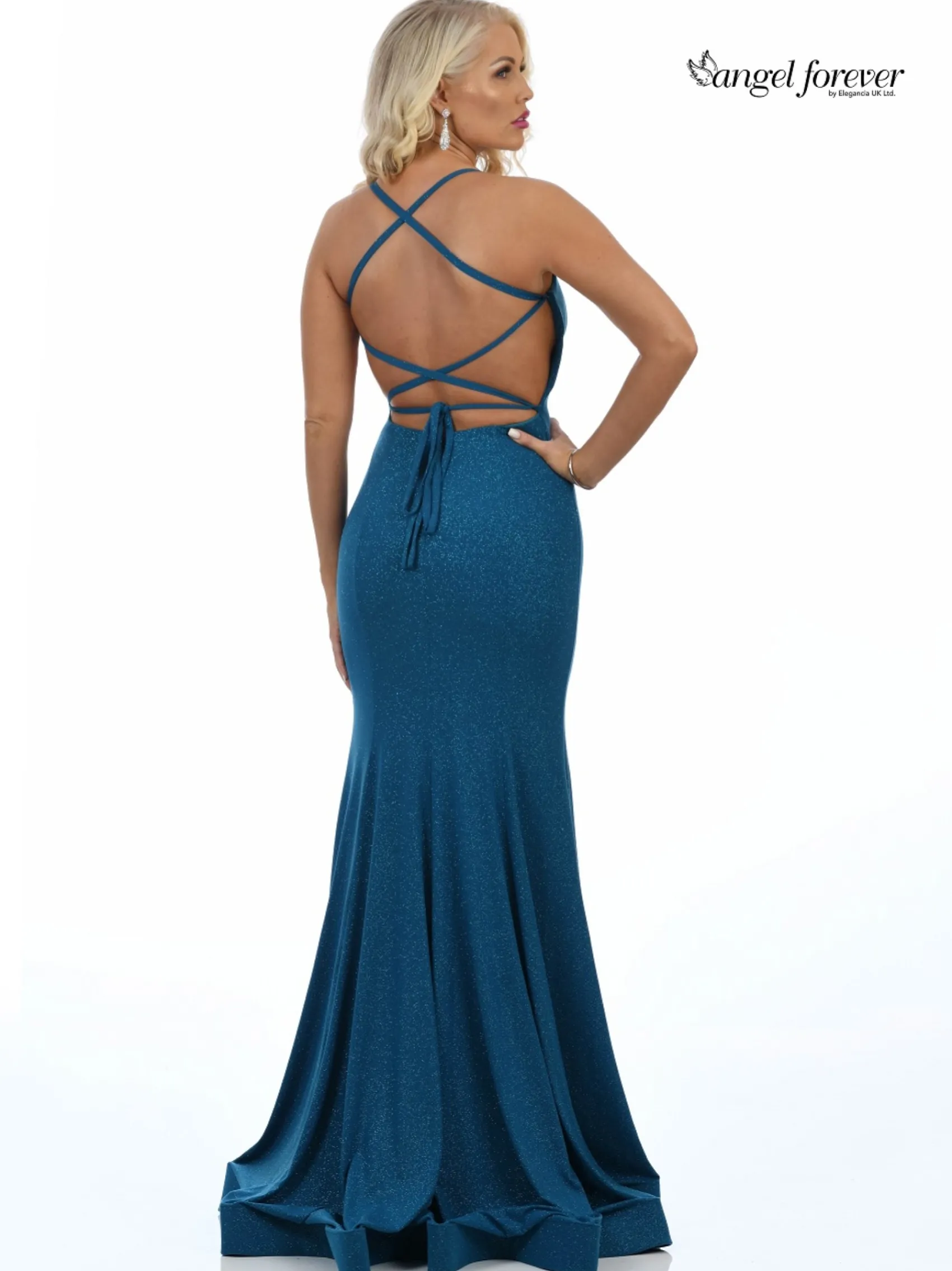 Angel Forever Angel Forever Prom Dresses*Shimmer Fabric Backless Fishtail Prom Dress Teal