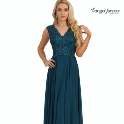 Angel Forever Angel Forever Prom Dresses | Teal Prom Dresses*V Neck A Line Chiffon Prom Dress with Lace Bodice Teal