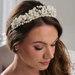 Arianna Pearl Hair Accessories | Silver Hair Accessories*Charlie Statement Pearl and Flowers Tiara AR803