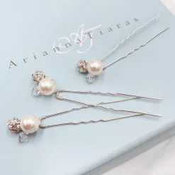 Arianna Bridesmaid Gifts | Pearl Hair Accessories*Mira Set of 3 Pearl, Crystal and Diamante Hair Pins ARP614