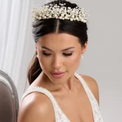 Arianna Pearl Hair Accessories | Silver Hair Accessories*Mira Statement Pearl and Crystal Tiara AR613 Ivory Pearls/ Clear Crystals/ Silver Wire