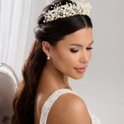 Arianna Pearl Hair Accessories | Silver Hair Accessories*Mira Statement Pearl and Crystal Tiara AR613 Ivory Pearls/ Clear Crystals/ Silver Wire