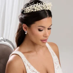 Arianna Pearl Hair Accessories | Silver Hair Accessories*Mira Statement Pearl and Crystal Tiara AR613 Ivory Pearls/ Clear Crystals/ Silver Wire