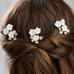Arianna Bridesmaid Gifts | Bride Gifts*Set of 3 Porcelain Flower and Pearl Hair Pins ARP719