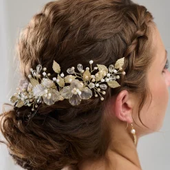 Arianna Pearl Hair Accessories | Gold Hair Accessories*Statement Flowers and Leaves Hair Comb AR787