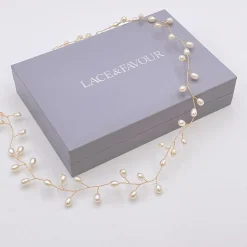Lace & Favour Pearl Hair Accessories | Gold Hair Accessories*Aruba Long Delicate Pearl Wedding Hair Vine (Gold) Ivory/ Gold