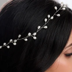 Lace & Favour Pearl Hair Accessories | Silver Hair Accessories*Aruba Long Delicate Pearl Wedding Hair Vine (Silver) Ivory/ Silver