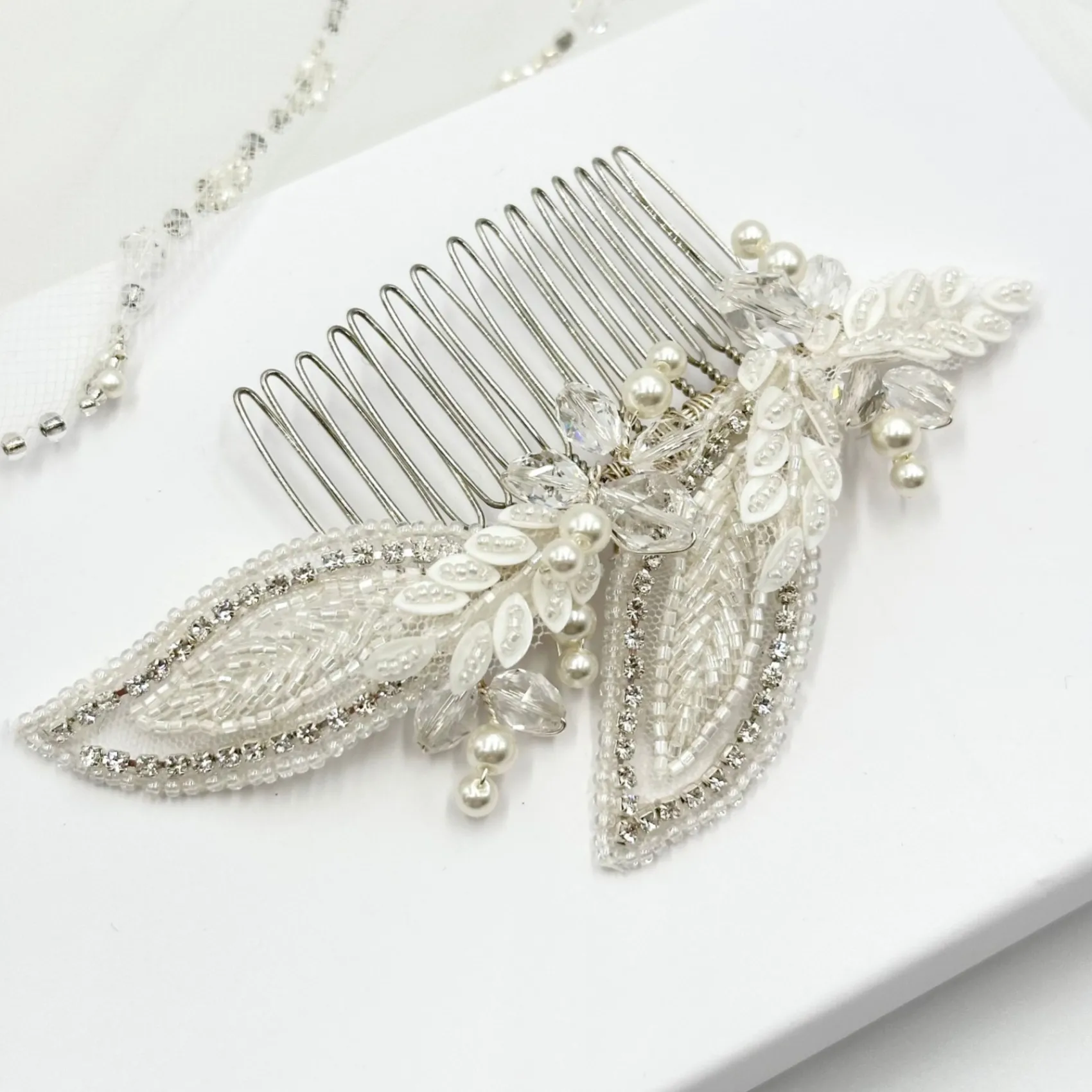 Beads & Beyond Vintage Headpieces | Crystal Hair Accessories*Astoria Vintage Inspired Beaded Leaves Asymmetric Comb Ivory/ Silver