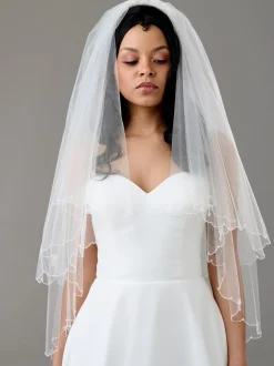 Twilight Designs Two Tier Veils | Fingertip Veils*Atlanta Two Tier Beaded Scalloped Edge Veil with Crystal Drops