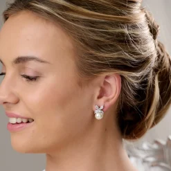 Lace & Favour Bridesmaid Gifts | Silver Wedding Jewellery*Ava Crystal Leaves and Pearl Wedding Earrings Ivory/ Silver